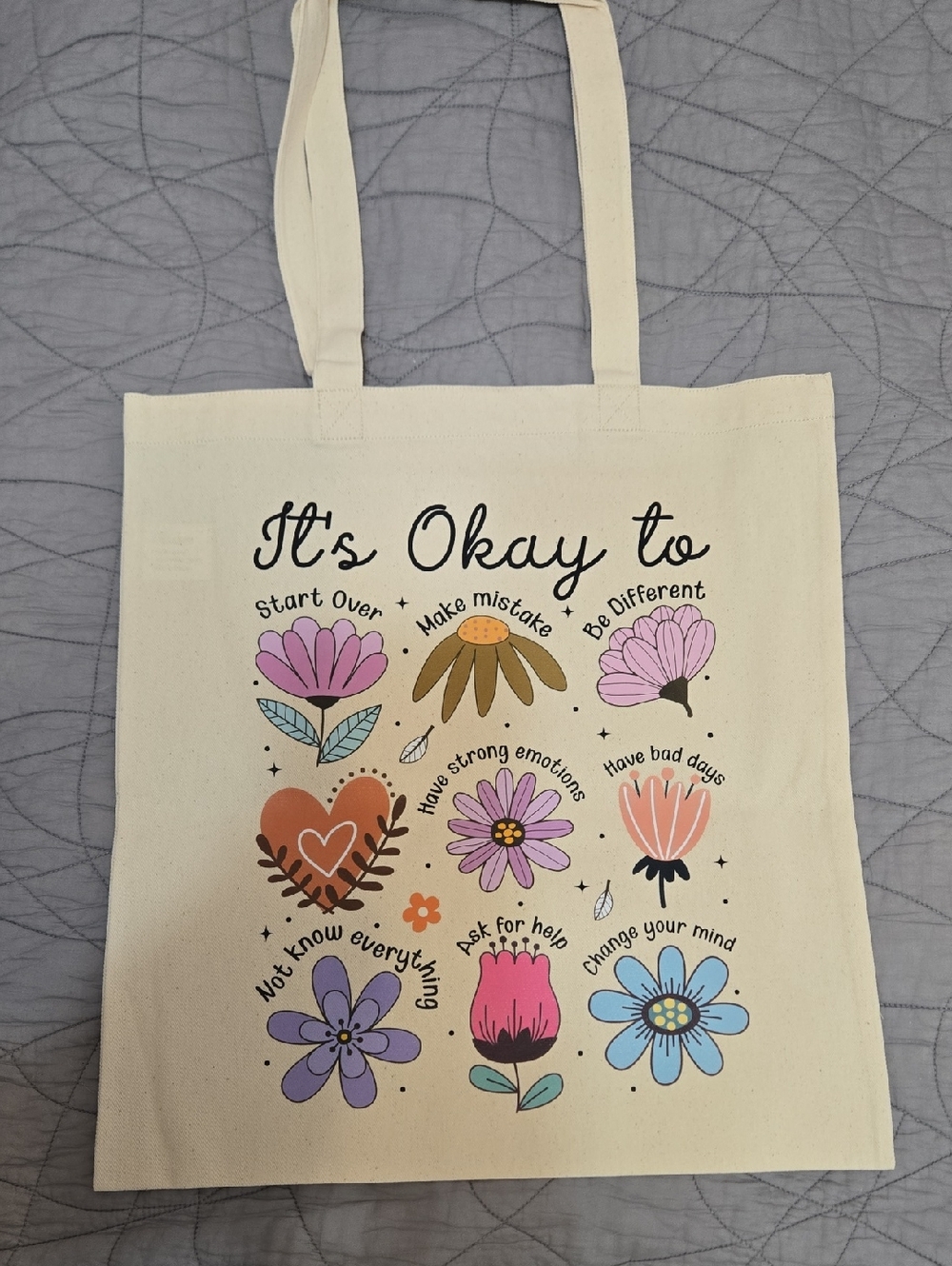 Canvas Tote Bag - "It's Okay to" Floral Design in Cream